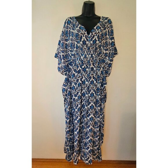 Anthropologie Rujuta Sheth Cinch Kaftan Maxi Dress Blue Lotus S/M Boho Bohemian - Picture 2 of 8